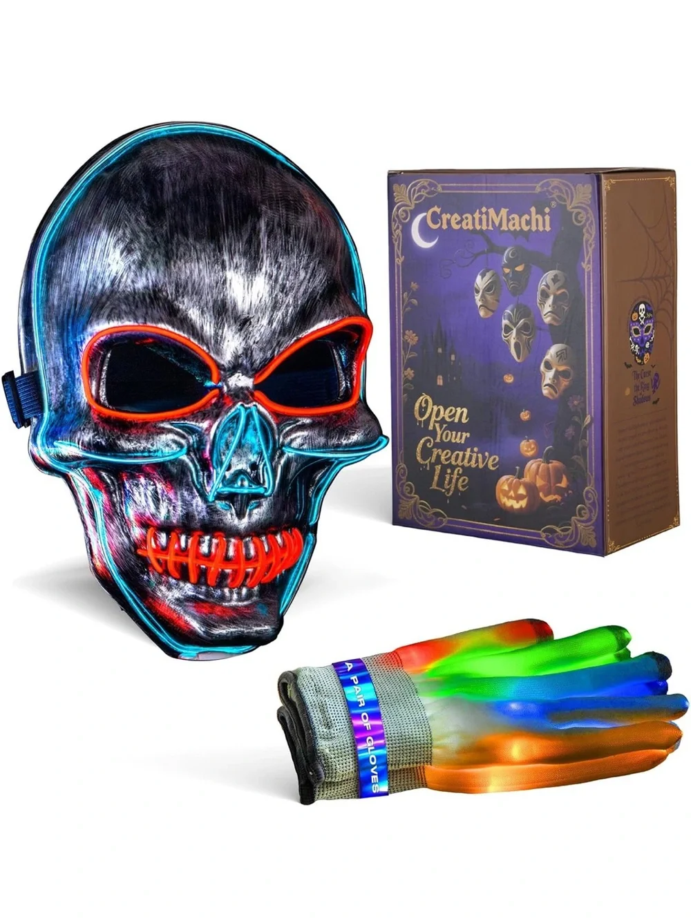 CreatiMachi Neon Skull LED Mask with Multi-Color Light Gloves